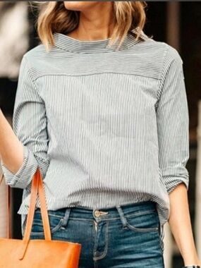 J. Crew Blue and White Striped Button-Shoulder Cotton Blouse